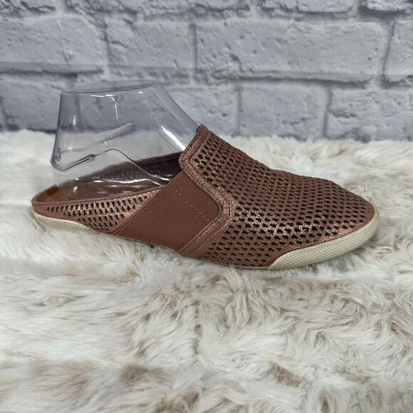 Frye Melanie Mules Womens 7.5 Brown Leather Flats‎ Laser Cut Rose Pink Metallic - Picture 1 of 7